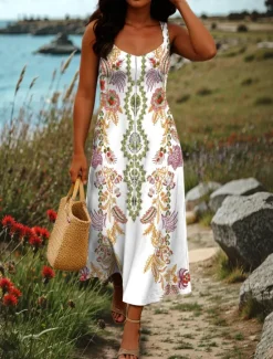 Sale Women's Maxi Dress A Line Dress Off The Shoulder Dress Vacation Casual Boho Party Going out Beach Standard Fit Graphic Tribal Sleeveless Square Neck Black White Red Blue Summer Spring Women Vacation Dresses|Floral Dresses