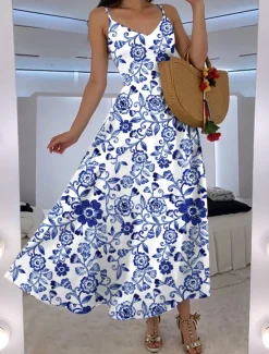 Women's Maxi Dress A Line Dress Slip Dress Vacation Casual Boho Party Going out Standard Fit Floral Graphic Sleeveless V Neck White Pink Blue Green Summer Spring Women Vacation Dresses|Floral Dresses
