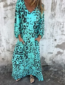Clearance Women's Maxi Dress A Line Dress Casual Outdoor Going out Regular Fit Leopard Long Sleeve V Neck White Sky Blue Dark Green Green Summer Women Vacation Dresses|Floral Dresses