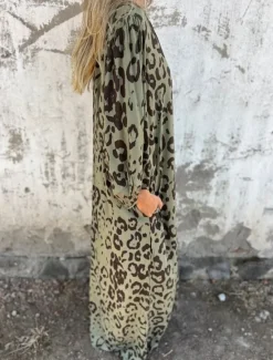 Clearance Women's Maxi Dress A Line Dress Casual Outdoor Going out Regular Fit Leopard Long Sleeve V Neck White Sky Blue Dark Green Green Summer Women Vacation Dresses|Floral Dresses