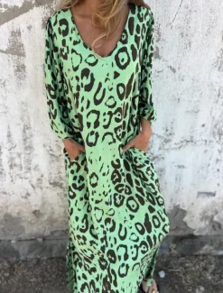 Clearance Women's Maxi Dress A Line Dress Casual Outdoor Going out Regular Fit Leopard Long Sleeve V Neck White Sky Blue Dark Green Green Summer Women Vacation Dresses|Floral Dresses