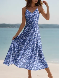 Clearance Women's Maxi Dress A Line Dress Summer Dress Slip Dress Elegant Vacation Casual Regular Fit Floral Graphic Sleeveless V Neck Spaghetti Strap Red Blue Purple Green Summer Spring Women Vacation Dresses