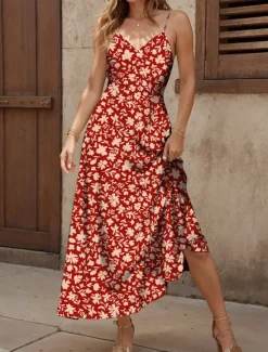 Clearance Women's Maxi Dress A Line Dress Summer Dress Slip Dress Elegant Vacation Casual Regular Fit Floral Graphic Sleeveless V Neck Spaghetti Strap Red Blue Purple Green Summer Spring Women Vacation Dresses