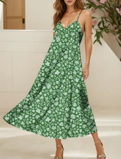 Clearance Women's Maxi Dress A Line Dress Summer Dress Slip Dress Elegant Vacation Casual Regular Fit Floral Graphic Sleeveless V Neck Spaghetti Strap Red Blue Purple Green Summer Spring Women Vacation Dresses