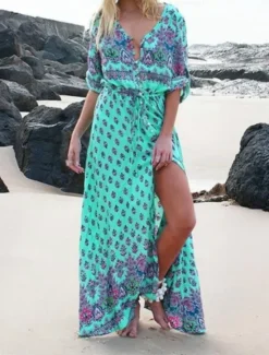 Sale Women's Maxi Dress A Line Dress Casual Party Beach Regular Fit Graphic 3/4 Length Sleeve V Neck Pink Blue Green Summer Spring Women Vacation Dresses