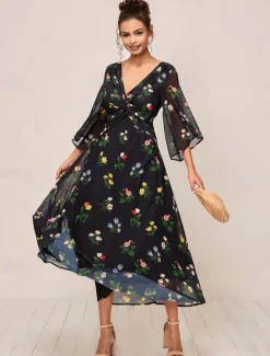 Outlet Women's Maxi Dress A Line Dress Elegant Stylish Flared Sleeve Wedding Guest Daily Cocktail Party Regular Fit Floral 3/4 Length Sleeve V Neck Summer Fall Women Chiffon Dresses
