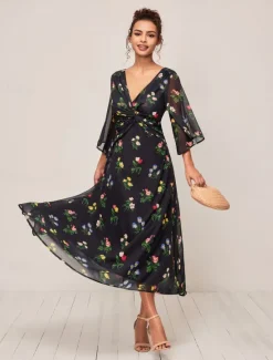 Outlet Women's Maxi Dress A Line Dress Elegant Stylish Flared Sleeve Wedding Guest Daily Cocktail Party Regular Fit Floral 3/4 Length Sleeve V Neck Summer Fall Women Chiffon Dresses