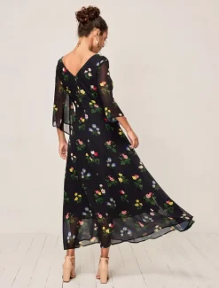 Outlet Women's Maxi Dress A Line Dress Elegant Stylish Flared Sleeve Wedding Guest Daily Cocktail Party Regular Fit Floral 3/4 Length Sleeve V Neck Summer Fall Women Chiffon Dresses