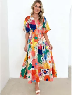 Discount Women's Maxi Dress A Line Dress Vacation Party Birthday Puff Sleeve Party Birthday Daily Regular Fit Floral Graphic Short Sleeve V Neck Orange flowers blue and white print Pink Smudge Summer Women Casual Dress