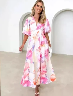 Discount Women's Maxi Dress A Line Dress Vacation Party Birthday Puff Sleeve Party Birthday Daily Regular Fit Floral Graphic Short Sleeve V Neck Orange flowers blue and white print Pink Smudge Summer Women Casual Dress