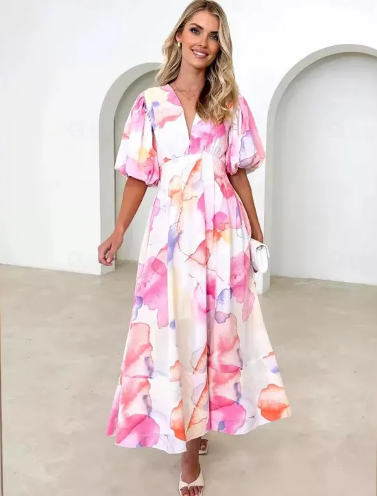 Discount Women's Maxi Dress A Line Dress Vacation Party Birthday Puff Sleeve Party Birthday Daily Regular Fit Floral Graphic Short Sleeve V Neck Orange flowers blue and white print Pink Smudge Summer Women Casual Dress