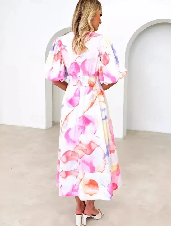 Discount Women's Maxi Dress A Line Dress Vacation Party Birthday Puff Sleeve Party Birthday Daily Regular Fit Floral Graphic Short Sleeve V Neck Orange flowers blue and white print Pink Smudge Summer Women Casual Dress