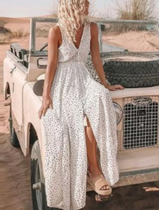 Clearance Women's Maxi Dress A Line Dress Slip Dress Casual Outdoor Going out Regular Fit Polka Dot Sleeveless Spaghetti Strap Light Blue White Pink Beige Summer Women Vacation Dresses