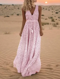 Clearance Women's Maxi Dress A Line Dress Slip Dress Casual Outdoor Going out Regular Fit Polka Dot Sleeveless Spaghetti Strap Light Blue White Pink Beige Summer Women Vacation Dresses