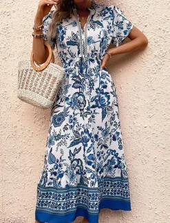 Women's Maxi Dress A Line Dress Floral Dress Boho Dress Stylish Casual Vacation Casual Daily Regular Fit Floral Short Sleeve V Neck Summer Spring Women Vacation Dresses