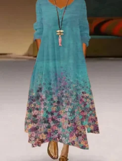 Outlet Women's Maxi Dress A Line Dress Casual Outdoor Going out Regular Fit Floral Graphic Long Sleeve V Neck Royal Blue Blue Green Khaki Fall Women Vacation Dresses|Floral Dresses