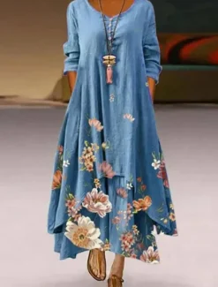 Outlet Women's Maxi Dress A Line Dress Casual Outdoor Going out Regular Fit Floral Graphic Long Sleeve V Neck Royal Blue Blue Green Khaki Fall Women Vacation Dresses|Floral Dresses