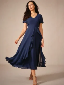Best Women's Maxi Dress A Line Dress Elegant Formal Wedding Wedding Guest Loose Fit Solid Color Short Sleeve Asymmetrical V Neck Summer Spring Women Cocktail Dress