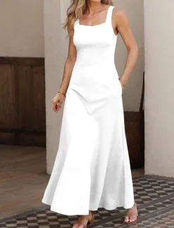 Sale Women's Maxi Dress A Line Dress Summer Dress Off The Shoulder Dress Vacation Casual Party Date Regular Fit Solid Color Graphic Sleeveless Square Neck Black White Pink Gray Summer Spring Women Sundresses
