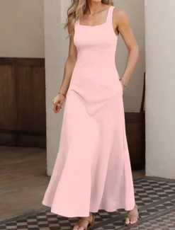 Sale Women's Maxi Dress A Line Dress Summer Dress Off The Shoulder Dress Vacation Casual Party Date Regular Fit Solid Color Graphic Sleeveless Square Neck Black White Pink Gray Summer Spring Women Sundresses