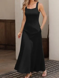 Sale Women's Maxi Dress A Line Dress Summer Dress Off The Shoulder Dress Vacation Casual Party Date Regular Fit Solid Color Graphic Sleeveless Square Neck Black White Pink Gray Summer Spring Women Sundresses