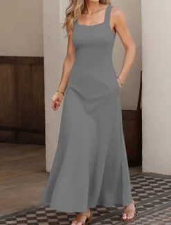 Sale Women's Maxi Dress A Line Dress Summer Dress Off The Shoulder Dress Vacation Casual Party Date Regular Fit Solid Color Graphic Sleeveless Square Neck Black White Pink Gray Summer Spring Women Sundresses