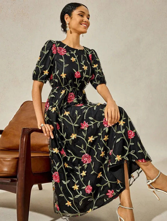 Best Women's Maxi Dress Dress A Line Dress Elegant Stylish Puff Sleeve Vacation Daily Loose Fit Floral Short Sleeve Crew Neck Summer Women Chiffon Dresses