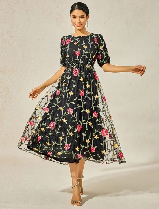 Best Women's Maxi Dress Dress A Line Dress Elegant Stylish Puff Sleeve Vacation Daily Loose Fit Floral Short Sleeve Crew Neck Summer Women Chiffon Dresses