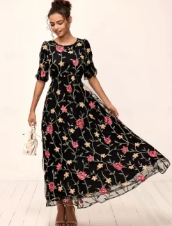 Best Women's Maxi Dress Dress A Line Dress Elegant Stylish Puff Sleeve Vacation Daily Loose Fit Floral Short Sleeve Crew Neck Summer Women Chiffon Dresses
