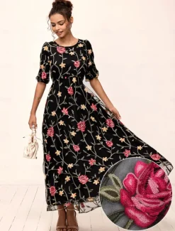 Best Women's Maxi Dress Dress A Line Dress Elegant Stylish Puff Sleeve Vacation Daily Loose Fit Floral Short Sleeve Crew Neck Summer Women Chiffon Dresses