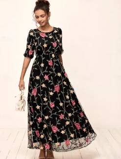 Best Women's Maxi Dress Dress A Line Dress Elegant Stylish Puff Sleeve Vacation Daily Loose Fit Floral Short Sleeve Crew Neck Summer Women Chiffon Dresses