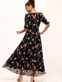Best Women's Maxi Dress Dress A Line Dress Elegant Stylish Puff Sleeve Vacation Daily Loose Fit Floral Short Sleeve Crew Neck Summer Women Chiffon Dresses