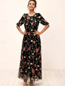 Best Women's Maxi Dress Dress A Line Dress Elegant Stylish Puff Sleeve Vacation Daily Loose Fit Floral Short Sleeve Crew Neck Summer Women Chiffon Dresses