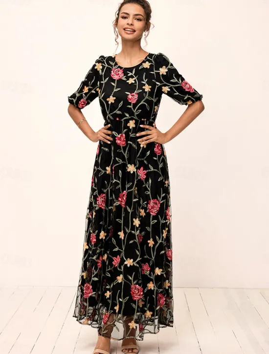 Best Women's Maxi Dress Dress A Line Dress Elegant Stylish Puff Sleeve Vacation Daily Loose Fit Floral Short Sleeve Crew Neck Summer Women Chiffon Dresses