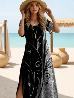 Women's Maxi Dress Dress Long Sleeve Boho Dress Elegant Vintage Butterfly Sleeve Vacation Beach Regular Fit Floral Graphic Short Sleeve Crew Neck Spring Fall Women Spring Dresses|T Shirt Dresses