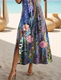 Outlet Women's Maxi Dress Black Dress Long Sleeve Boho Dress Elegant Vintage Butterfly Sleeve Vacation Beach Regular Fit Floral Graphic Short Sleeve Crew Neck Spring Fall Women T Shirt Dresses