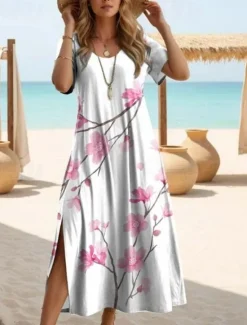 New Women's Maxi Dress Black Dress Long Sleeve Boho Dress Elegant Vintage Butterfly Sleeve Vacation Beach Regular Fit Floral Graphic Short Sleeve Crew Neck Spring Fall Women T Shirt Dresses