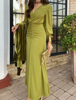 Clearance Women's Maxi Dress Bodycon Emerald Dress Elegant Wedding Guest Date Regular Fit Plain Long Sleeve V Neck Summer Spring Women Cocktail Dress