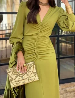 Clearance Women's Maxi Dress Bodycon Emerald Dress Elegant Wedding Guest Date Regular Fit Plain Long Sleeve V Neck Summer Spring Women Cocktail Dress