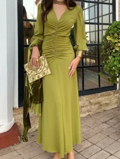 Clearance Women's Maxi Dress Bodycon Emerald Dress Elegant Wedding Guest Date Regular Fit Plain Long Sleeve V Neck Summer Spring Women Cocktail Dress