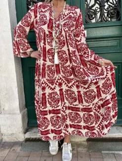 Discount Women's Maxi Dress Boho Dress Elegant Stylish Vacation Daily Regular Fit Graphic Long Sleeve Shirt Collar Red Blue Green Summer Spring Fall Women Floral Dresses