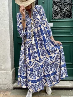 Discount Women's Maxi Dress Boho Dress Elegant Stylish Vacation Daily Regular Fit Graphic Long Sleeve Shirt Collar Red Blue Green Summer Spring Fall Women Floral Dresses