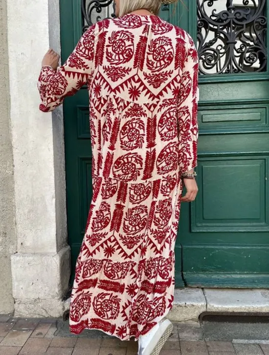 Discount Women's Maxi Dress Boho Dress Elegant Stylish Vacation Daily Regular Fit Graphic Long Sleeve Shirt Collar Red Blue Green Summer Spring Fall Women Floral Dresses
