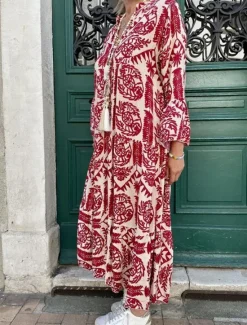 Discount Women's Maxi Dress Boho Dress Elegant Stylish Vacation Daily Regular Fit Graphic Long Sleeve Shirt Collar Red Blue Green Summer Spring Fall Women Floral Dresses