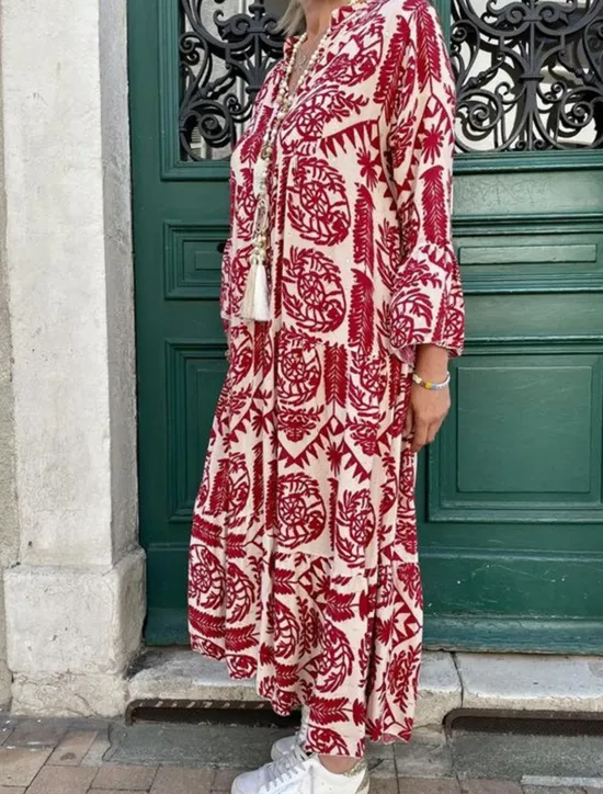 Discount Women's Maxi Dress Boho Dress Elegant Stylish Vacation Daily Regular Fit Graphic Long Sleeve Shirt Collar Red Blue Green Summer Spring Fall Women Floral Dresses