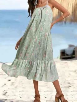 Discount Women's Maxi Dress Cami Dress Floral Ruffle Hem Strap Bohemia Vacation Sleeveless Summer Beach Women Vacation Dresses