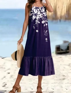 Discount Women's Maxi Dress Cami Dress Floral Ruffle Hem Strap Bohemia Vacation Sleeveless Summer Beach Women Vacation Dresses