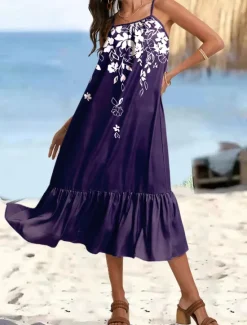 Discount Women's Maxi Dress Cami Dress Floral Ruffle Hem Strap Bohemia Vacation Sleeveless Summer Beach Women Vacation Dresses