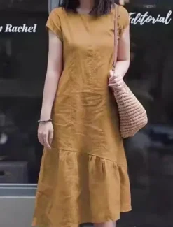 Hot Women's Maxi Dress Casual Dress Cotton Linen Dress A Line Dress Basic Casual Vacation Daily Regular Fit Plain Short Sleeve Crew Neck Yellow Red Blue Purple Summer Women Casual Dress