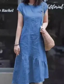 Hot Women's Maxi Dress Casual Dress Cotton Linen Dress A Line Dress Basic Casual Vacation Daily Regular Fit Plain Short Sleeve Crew Neck Yellow Red Blue Purple Summer Women Casual Dress